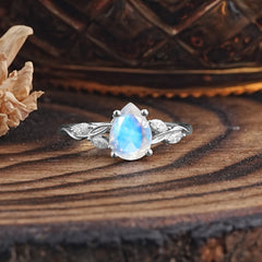 Nature-Inspired Pear-Shaped Classic Moonstone Ring for Engagement and Weddings