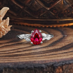 Nature-Inspired Pear-Shaped Classic Ruby Ring for Engagement and Weddings