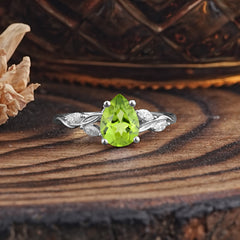 Nature-Inspired Pear-Shaped Classic Peridot Ring for Engagement and Weddings