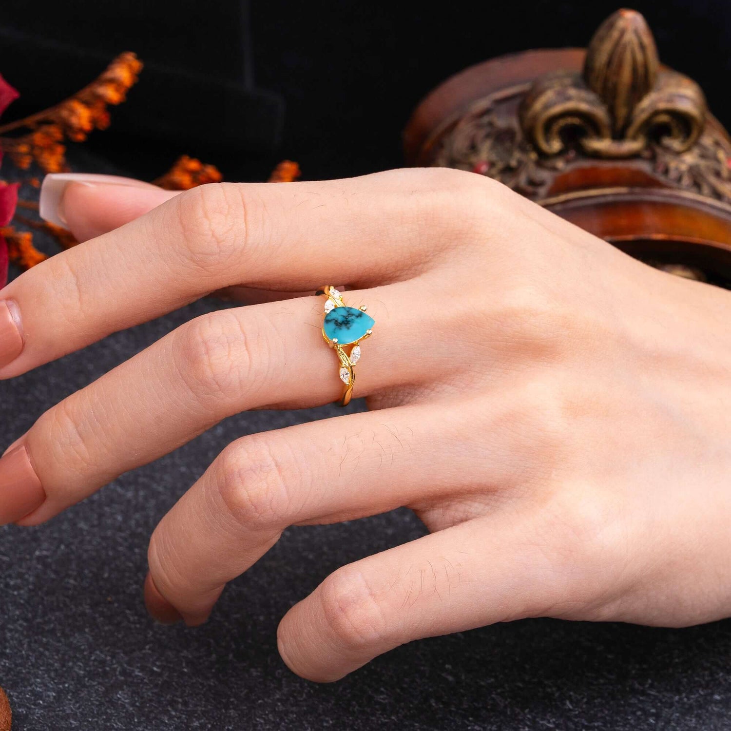 Nature-Inspired Pear-Shaped Classic Turquoise Engagement Ring