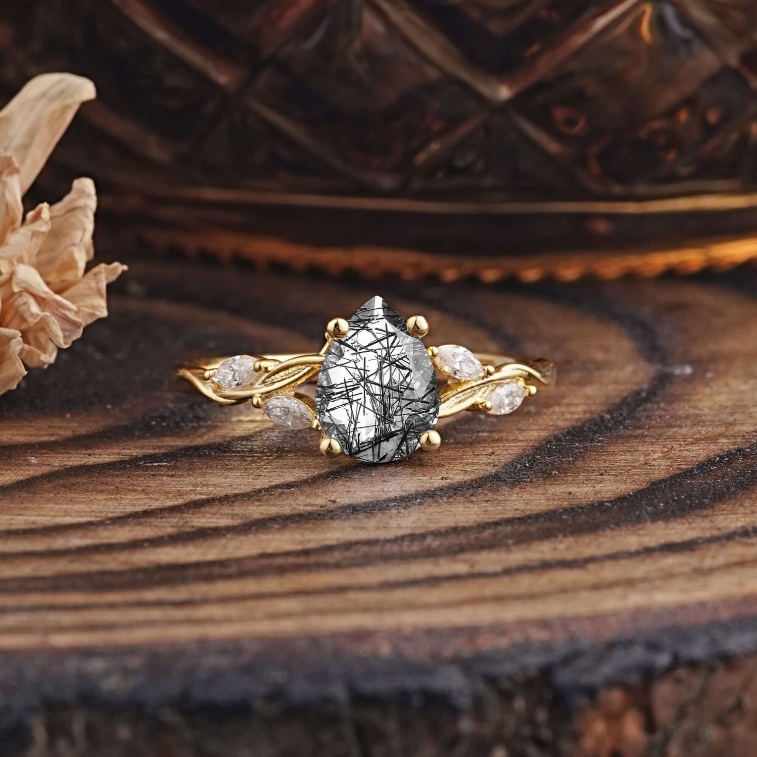 Nature-Inspired Pear-Shaped Classic Black Rutilated Quartz Engagement Ring