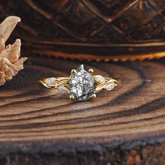 Nature-Inspired Pear-Shaped Classic Black Rutilated Quartz Ring for Engagement and Weddings