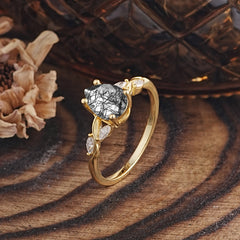 Nature-Inspired Pear-Shaped Classic Black Rutilated Quartz Ring for Engagement and Weddings
