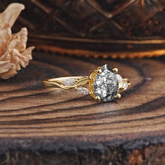 Nature-Inspired Pear-Shaped Classic Black Rutilated Quartz Ring for Engagement and Weddings