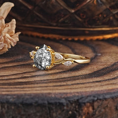 Nature-Inspired Pear-Shaped Classic Black Rutilated Quartz Ring for Engagement and Weddings