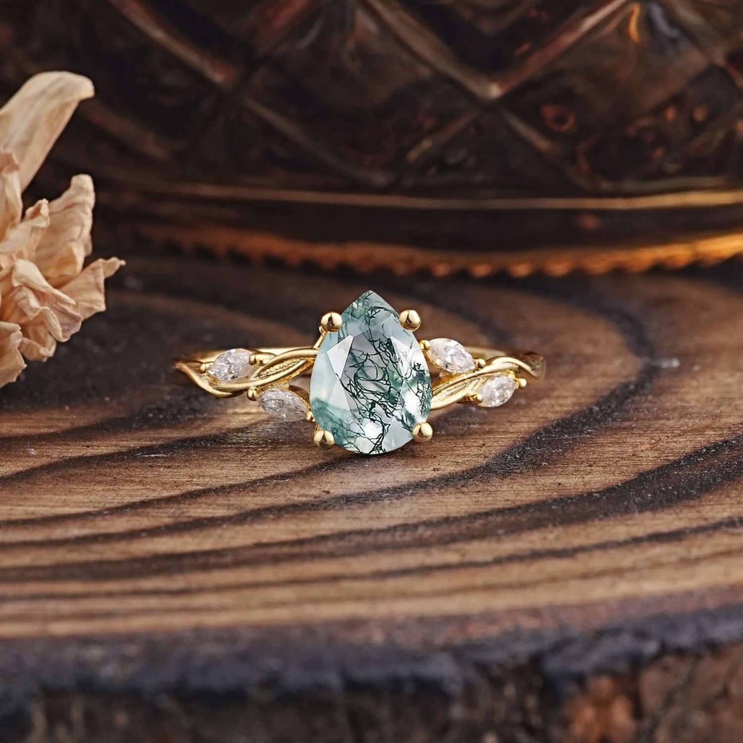 Nature-Inspired Pear-Shaped Classic Moss Agate Engagement Ring