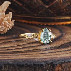 Nature-Inspired Pear-Shaped Classic Moss Agate Ring for Engagement and Weddings