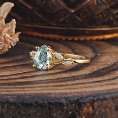Nature-Inspired Pear-Shaped Classic Moss Agate Ring for Engagement and Weddings