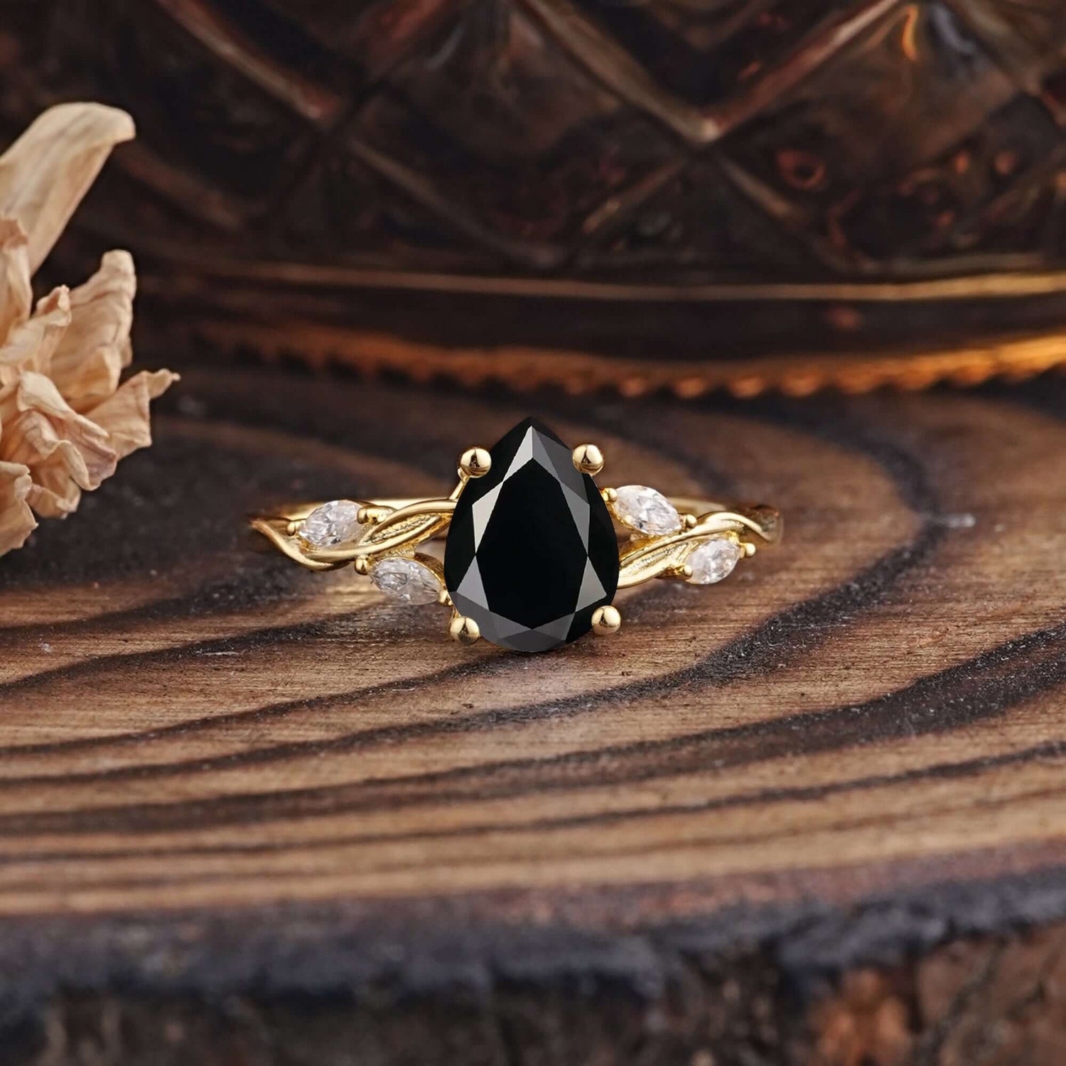 Nature-Inspired Pear-Shaped Classic Black Onyx Engagement Ring