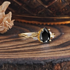 Nature-Inspired Pear-Shaped Classic Black Onyx Ring for Engagement and Weddings
