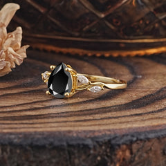 Nature-Inspired Pear-Shaped Classic Black Onyx Ring for Engagement and Weddings