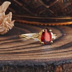 Nature-Inspired Pear-Shaped Classic Garnet Ring for Engagement and Weddings