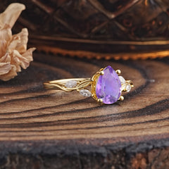 Nature-Inspired Pear-Shaped Classic Amethyst Ring for Engagement and Weddings