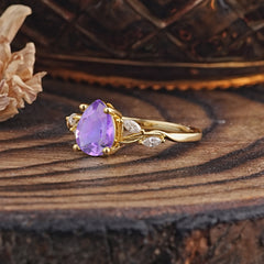Nature-Inspired Pear-Shaped Classic Amethyst Ring for Engagement and Weddings