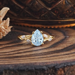 Nature-Inspired Pear-Shaped Classic Aquamarine Ring for Engagement and Weddings