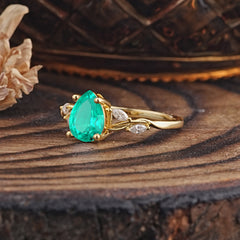 Nature-Inspired Pear-Shaped Classic Emerald Ring for Engagement and Weddings