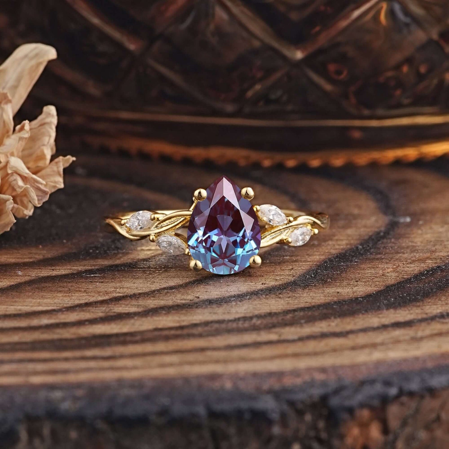 Nature-Inspired Pear-Shaped Classic Alexandrite Engagement Ring