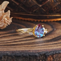 Nature-Inspired Pear-Shaped Classic Alexandrite Ring for Engagement and Weddings