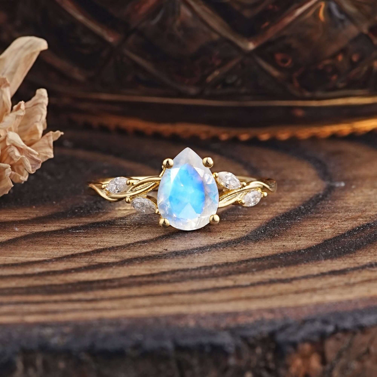 Nature-Inspired Pear-Shaped Classic Moonstone Engagement Ring