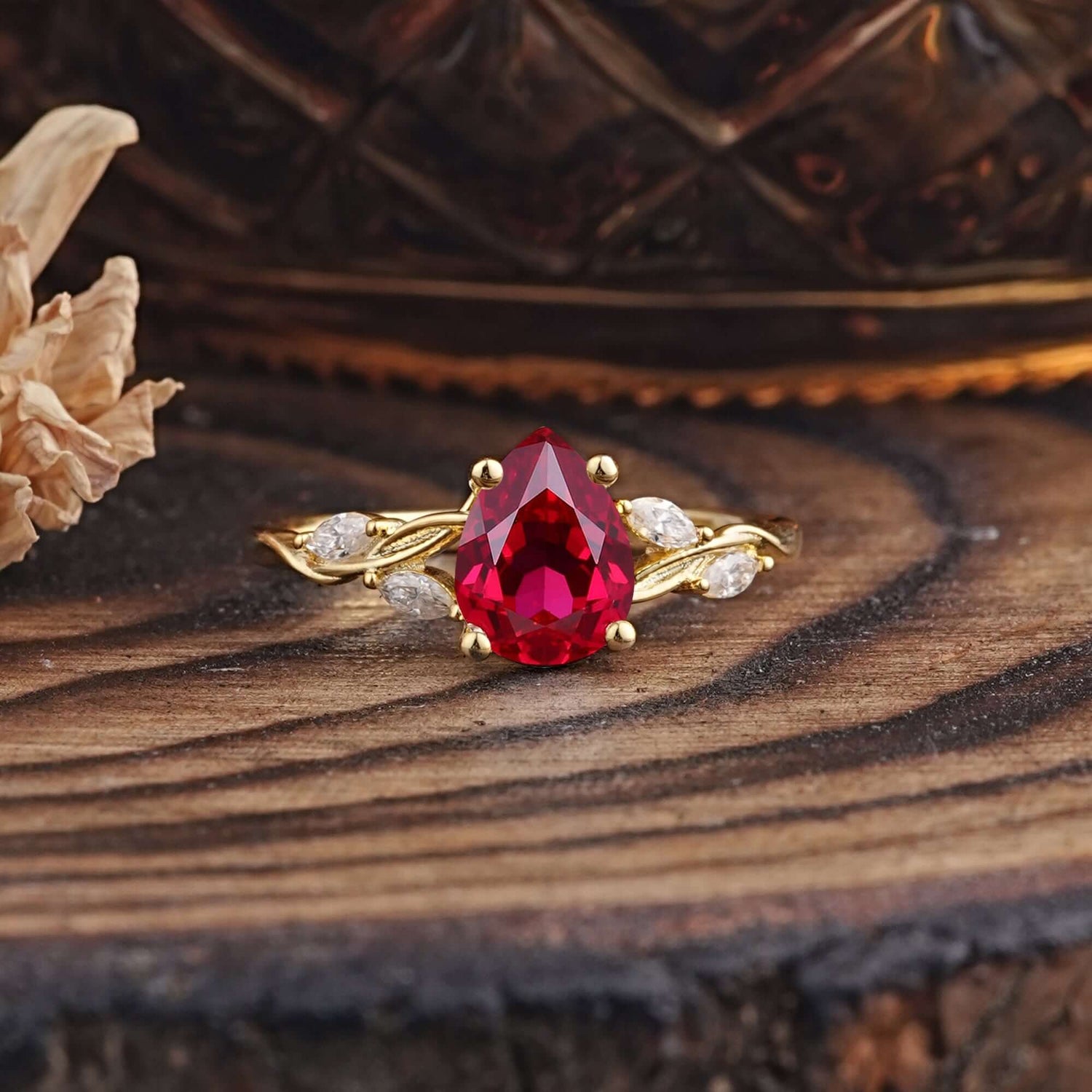 Nature-Inspired Pear-Shaped Classic Ruby Engagement Ring