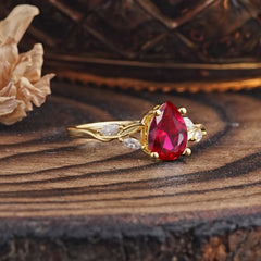 Nature-Inspired Pear-Shaped Classic Ruby Ring for Engagement and Weddings