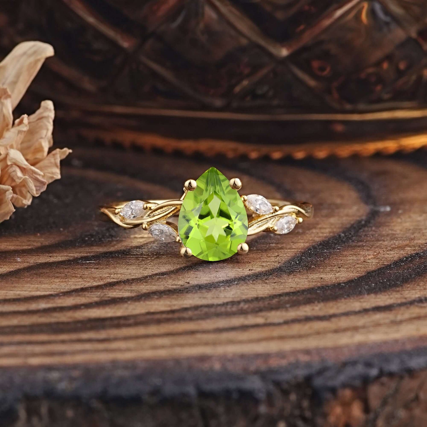 Nature-Inspired Pear-Shaped Classic Peridot Engagement Ring