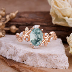 4 Prong Nature Inspired Leafy Vine Pear Cut Natural Moss Agate Engagement Ring