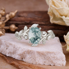 4 Prong Nature Inspired Leafy Vine Pear Cut Natural Moss Agate Engagement Ring