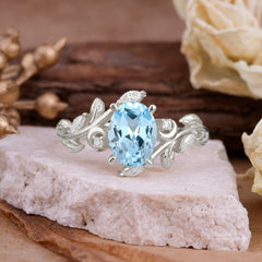 Nature Inspired Leafy Vine Aquamarinet Engagement Ring