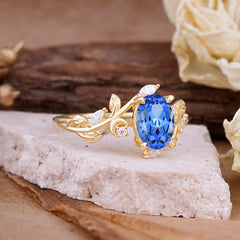 4 Prong Nature Inspired Leafy Vine Pear Cut Sapphire Engagement Ring