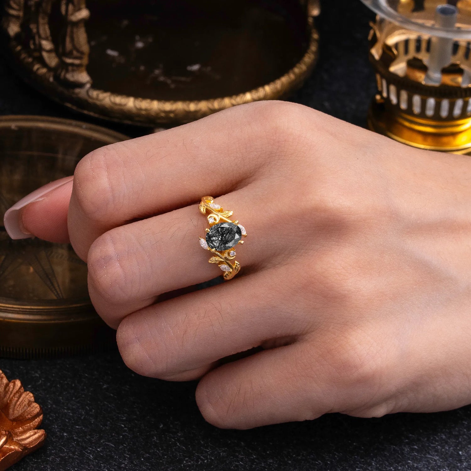 Nature Inspired Leafy Vine Black Rutilated Quartz Engagement Ring