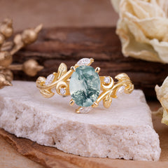 4 Prong Nature Inspired Leafy Vine Pear Cut Natural Moss Agate Engagement Ring