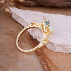 4 Prong Nature Inspired Leafy Vine Pear Cut Natural Moss Agate Engagement Ring