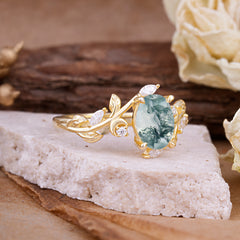 4 Prong Nature Inspired Leafy Vine Pear Cut Natural Moss Agate Engagement Ring