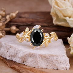 Nature Inspired Leafy Vine Black Onyx Engagement Ring