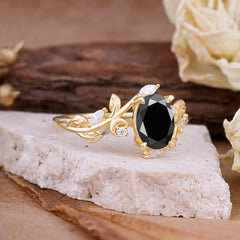 Nature Inspired Leafy Vine Black Onyx Engagement Ring