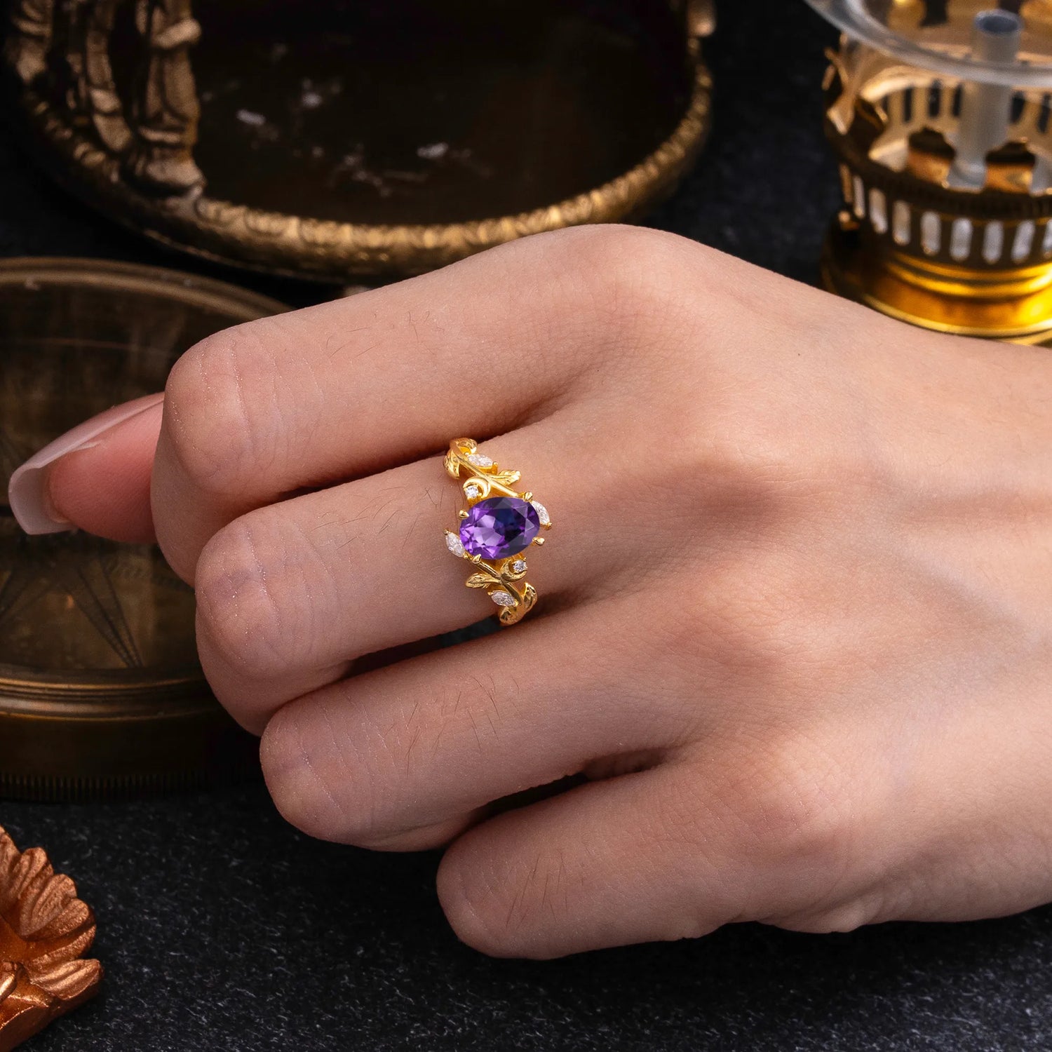 Nature Inspired Leafy Vine Amethyst Engagement Ring
