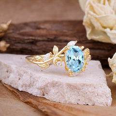 Nature Inspired Leafy Vine Aquamarinet Engagement Ring