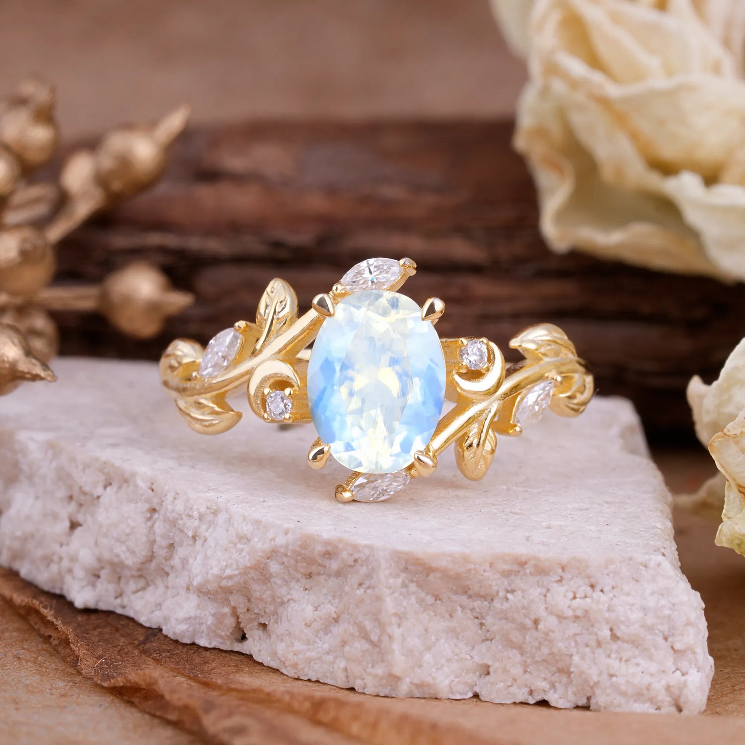 Nature Inspired Leafy Vine Moonstone Engagement Ring