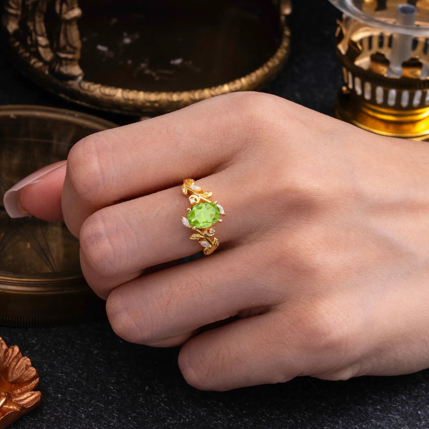 Nature Inspired Leafy Vine Peridot Engagement Ring