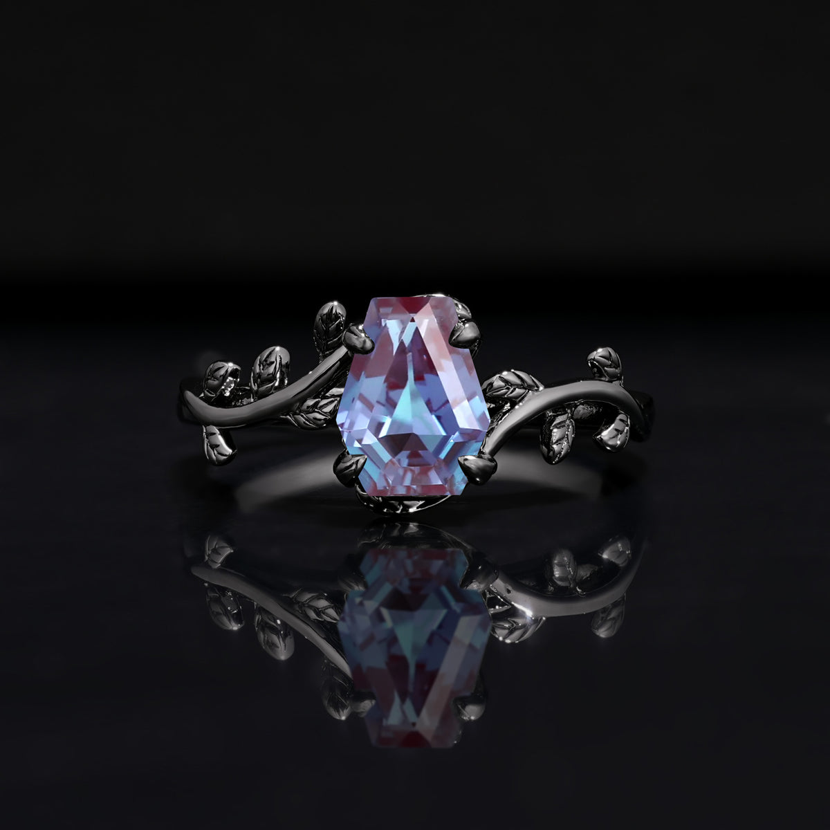 Dark Romantic Coffin Cut Botanical Engagement Ring