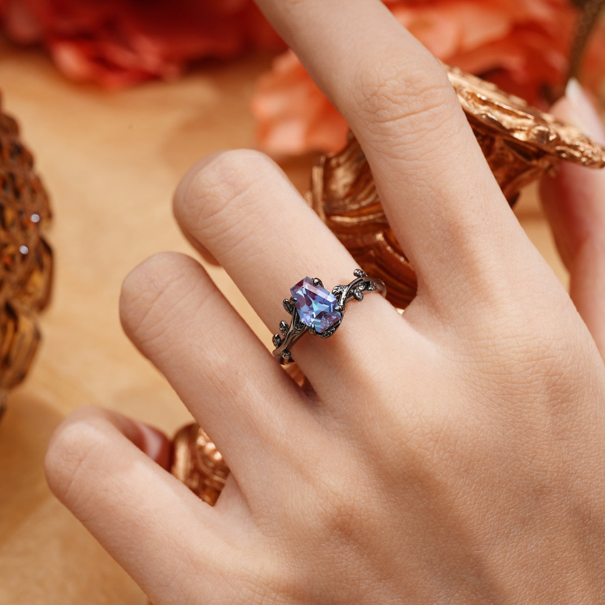 Dark Romantic Coffin Cut Botanical Engagement Ring