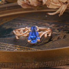 Elegant Coffin Cut 4 Prong Leaf Vine Sapphire Engagement Ring