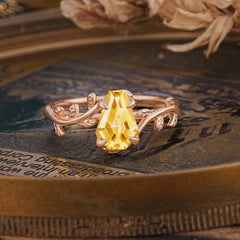 Elegant Coffin Cut 4 Prong Leaf Vine Citrine Engagement Ring