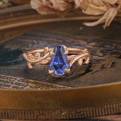 Elegant Coffin Cut 4 Prong Leaf Vine Tanzanite Engagement Ring