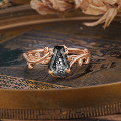 Elegant Coffin Cut 4 Prong Leaf Vine Black Rutilated Quartz Engagement Ring
