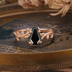 Elegant Coffin Cut 4 Prong Leaf Vine Black Onyx Engagement Ring
