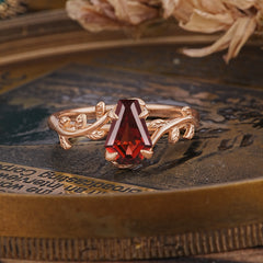 Elegant Coffin Cut 4 Prong Leaf Vine Garnet Engagement Ring