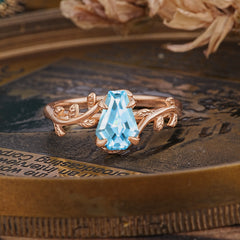 Elegant Coffin Cut 4 Prong Leaf Vine Aquamarine Engagement Ring