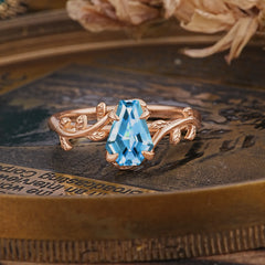 Elegant Coffin Cut 4 Prong Leaf Vine Aquamarine Engagement Ring